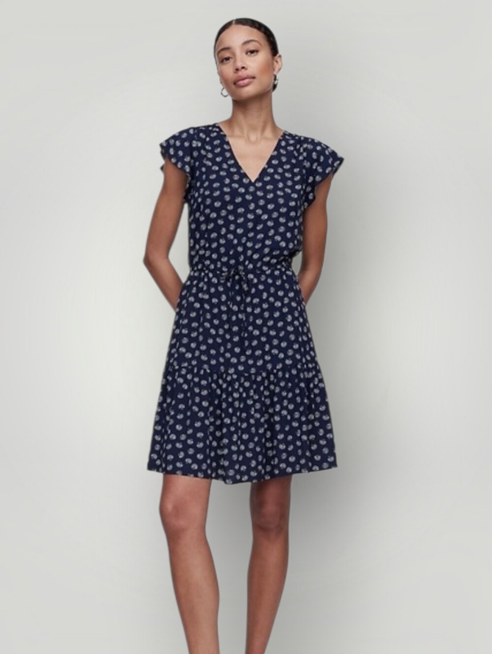 Gap Navy Shell Print Flutter Sleeve Tie Waist Tiered Mini Dress Women's Large
